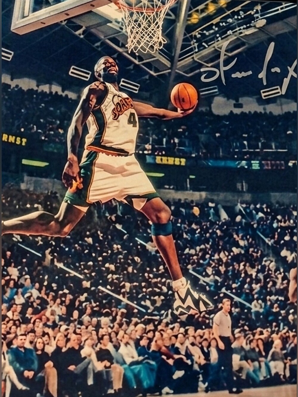 SHAWN KEMP 8.5x11 GLOSSY SEATTLE SUPERSONICS REPRINT NBA OLD SCHOOL DUNK POSTER!